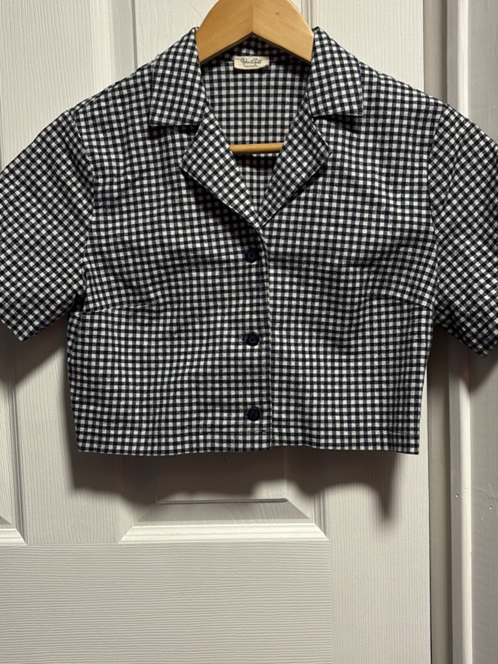 Brandy Melville Navy and White Gingham Cropped Button-Up Top